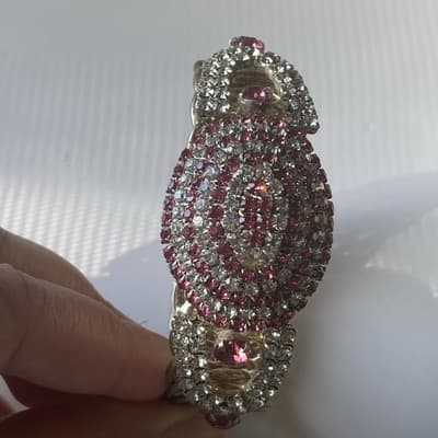 Vintage MCM Brilliant Pink White Rhinestone Coil Wrap Bracelet Prong Set READ - Thumbnail 5
