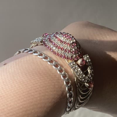 Vintage MCM Brilliant Pink White Rhinestone Coil Wrap Bracelet Prong Set READ - Thumbnail 2