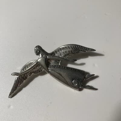 Vintage Guardian Angel GOD BLESS TEACHERS Brooch Pendant Silvertone Religious - Thumbnail 4