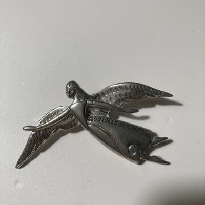 Vintage Guardian Angel GOD BLESS TEACHERS Brooch Pendant Silvertone Religious - Thumbnail 10