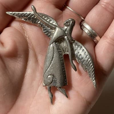 Vintage Guardian Angel GOD BLESS TEACHERS Brooch Pendant Silvertone Religious - Thumbnail 9