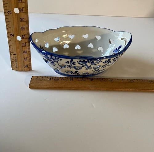 Vintage Blue & White Windmill Candy Nut Dishes Heart Cutouts Pierced 5” Dutch - Thumbnail 2