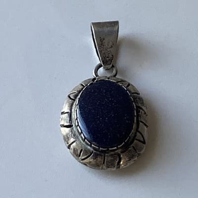 Vintage Sterling Silver 925 Blue Sunstone Pendant Mexico Made Chunky Modernist - Thumbnail 11
