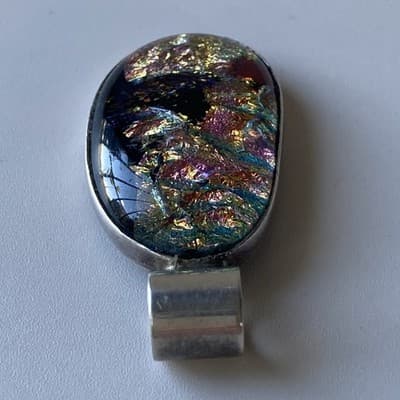 Vintage Sterling Silver 925 Dichroic Glass Pendant Artisan Chunky Modernist READ - Thumbnail 6