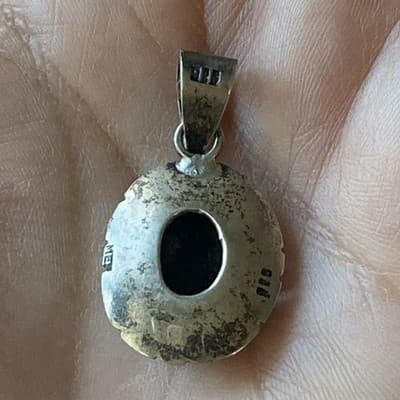Vintage Sterling Silver 925 Blue Sunstone Pendant Mexico Made Chunky Modernist - Thumbnail 5