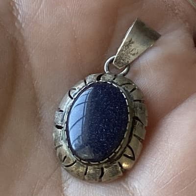Vintage Sterling Silver 925 Blue Sunstone Pendant Mexico Made Chunky Modernist - Thumbnail 2