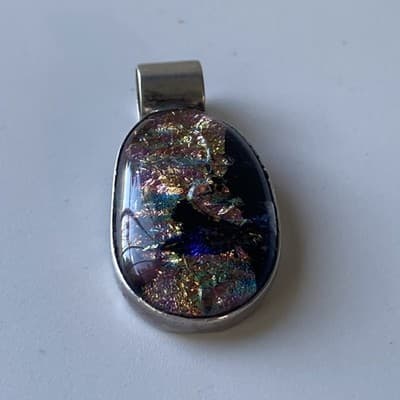 Vintage Sterling Silver 925 Dichroic Glass Pendant Artisan Chunky Modernist READ - Thumbnail 10