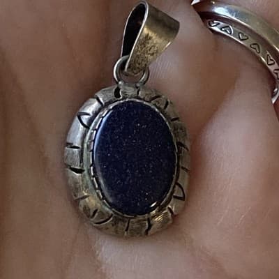 Vintage Sterling Silver 925 Blue Sunstone Pendant Mexico Made Chunky Modernist - Thumbnail 9