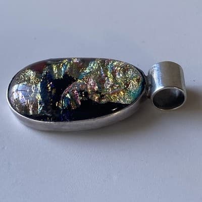 Vintage Sterling Silver 925 Dichroic Glass Pendant Artisan Chunky Modernist READ - Thumbnail 7