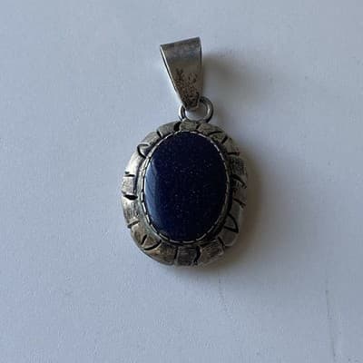 Vintage Sterling Silver 925 Blue Sunstone Pendant Mexico Made Chunky Modernist - Thumbnail 12