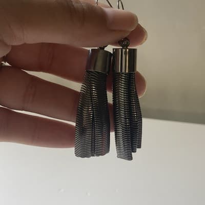 Vintage Modernist Fringed Tasseled Gunmetal Earrings 80s 90s Minimalist - Thumbnail 5