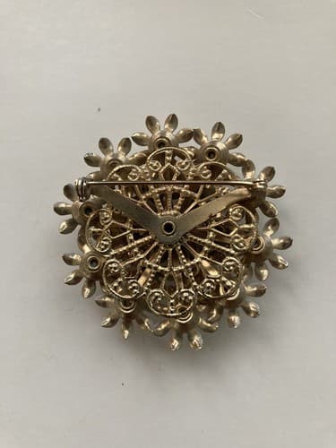 Vintage Mid Century Era Floral Enameled Brooch With Rhinestones - Thumbnail 2