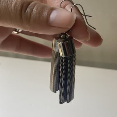 Vintage Modernist Fringed Tasseled Gunmetal Earrings 80s 90s Minimalist - Thumbnail 4