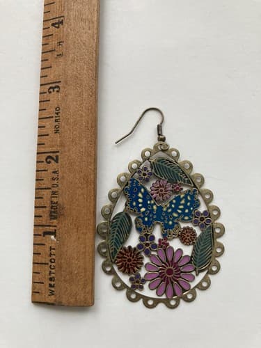 Boho Enameled Scallop edged Metal Hook Earrings Floral Butterfly - Thumbnail 3