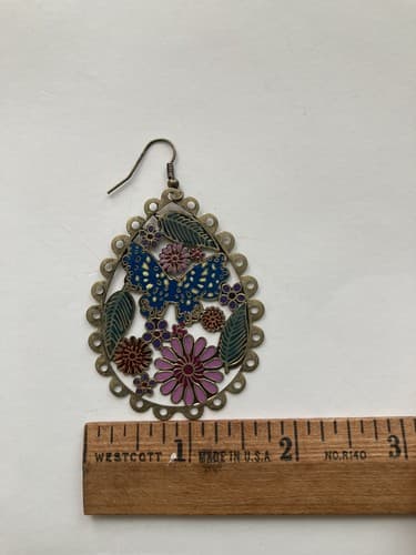 Boho Enameled Scallop edged Metal Hook Earrings Floral Butterfly - Thumbnail 4