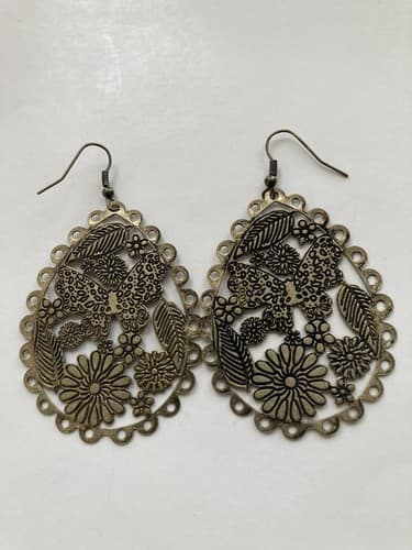 Boho Enameled Scallop edged Metal Hook Earrings Floral Butterfly - Thumbnail 2
