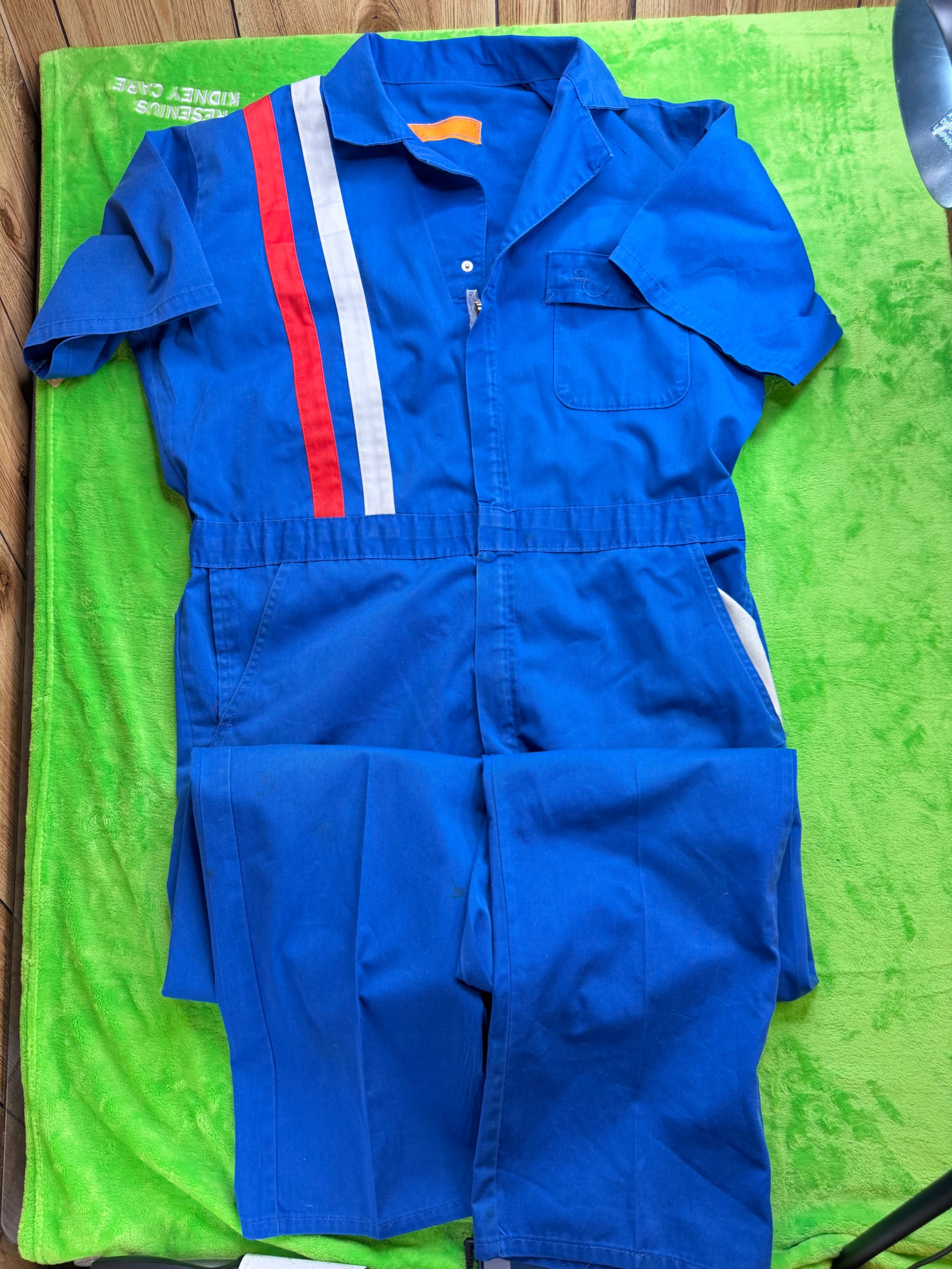 Vtg 1970s Racing Stripe Coverall Jumpsuit Sz 46R Blue SS Mechanic
