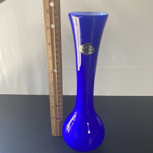 Vintage MCM Guildcraft Italy Cobalt Blue Cased Glass Bud Vase Art Glass 10inch - Thumbnail 2