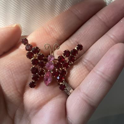 Vintage Juliana D&E? Butterfly Rhinestone Brooch MCM Pink Red READ DESCRIPTION! - Thumbnail 13