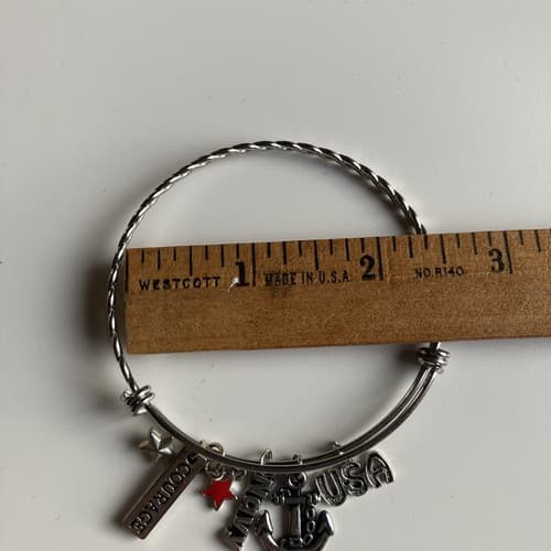 EUC SILVERTONE EXPANDABLE BANGLE CHARM BRACELET PATRIOTIC NAVY COURAGE USA - Thumbnail 4