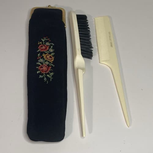 Vintage West Germany Golden Seal Petit Point Comb Brush Floral Vanity Celluloid - Thumbnail 2