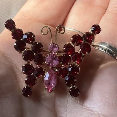 Vintage Juliana D&E? Butterfly Rhinestone Brooch MCM Pink Red READ DESCRIPTION! - Thumbnail 10