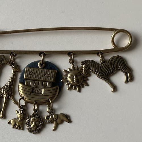 Vtg NOAHS ARK Articulated Dangling Safety Pin Brooch Bronze Colored Christanity - Thumbnail 7