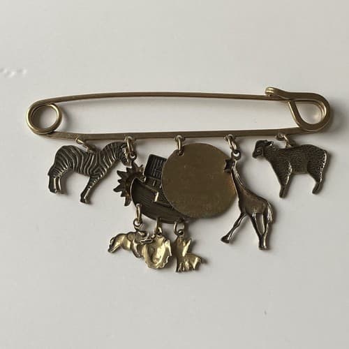 Vtg NOAHS ARK Articulated Dangling Safety Pin Brooch Bronze Colored Christanity - Thumbnail 4