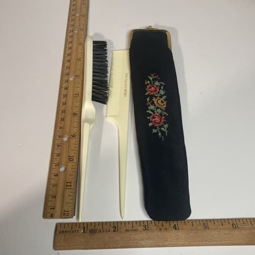 Vintage West Germany Golden Seal Petit Point Comb Brush Floral Vanity Celluloid - Thumbnail 3