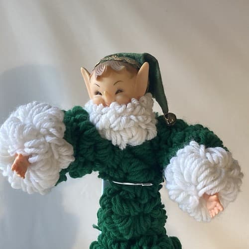 Vintage Christmas Elf Figurine Rubber Face Hands Knitted Crochet Pixie Elve 12" - Thumbnail 11