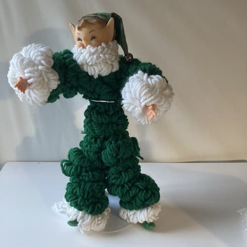 Vintage Christmas Elf Figurine Rubber Face Hands Knitted Crochet Pixie Elve 12" - Thumbnail 2