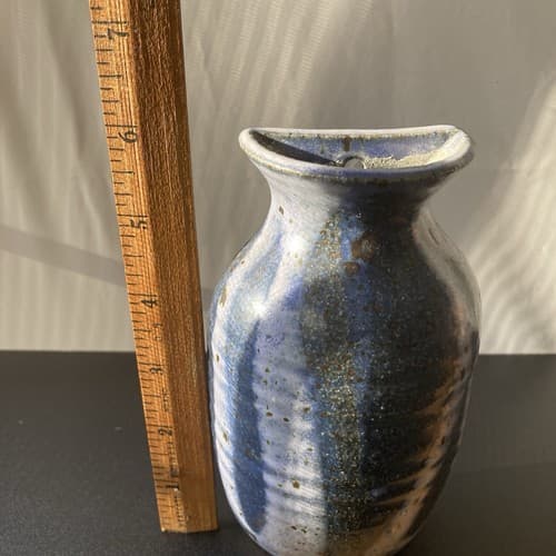 Vintage Studio Pottery Wall Vase Pocket Artist Signed HERRICK VTG MCM Blues - Thumbnail 3