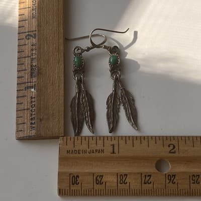 Vintage Sterling Silver 925 Turquoise Feather Earrings Native American Southwest - Thumbnail 2