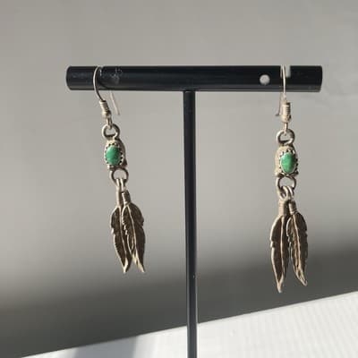Vintage Sterling Silver 925 Turquoise Feather Earrings Native American Southwest - Thumbnail 11