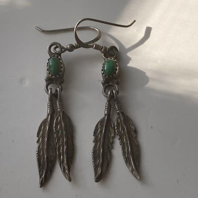 Vintage Sterling Silver 925 Turquoise Feather Earrings Native American Southwest - Thumbnail 4
