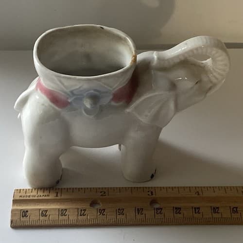 Vintage Occupied Japan Ceramic Porcelain Elephant Planter Trunk Up 3by 5 inches - Thumbnail 5