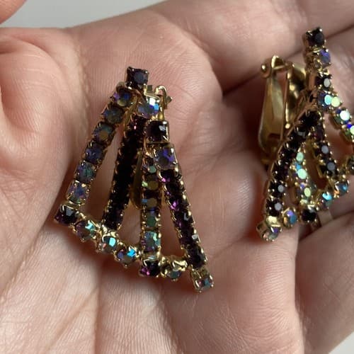 Vintage HOBE Borealis Rhinestone Clip On Earrings Costume Jewelry MCM ESTATE 60s - Thumbnail 4