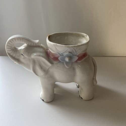 Vintage Occupied Japan Ceramic Porcelain Elephant Planter Trunk Up 3by 5 inches - Thumbnail 3