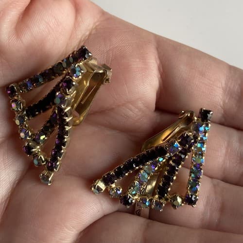 Vintage HOBE Borealis Rhinestone Clip On Earrings Costume Jewelry MCM ESTATE 60s - Thumbnail 5