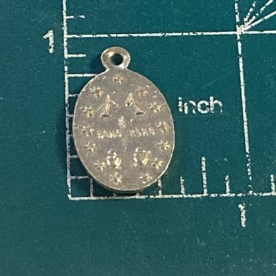 Vintage Aluminum Miraculous Mary Medal Pendant Blue Enamel Paint Hong Kong Tiny - Thumbnail 4