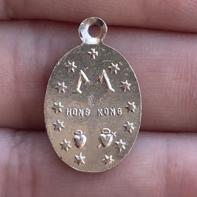 Vintage Aluminum Miraculous Mary Medal Pendant Blue Enamel Paint Hong Kong Tiny - Thumbnail 2