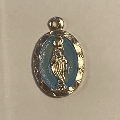 Vintage Aluminum Miraculous Mary Medal Pendant Blue Enamel Paint Hong Kong Tiny - Thumbnail 5