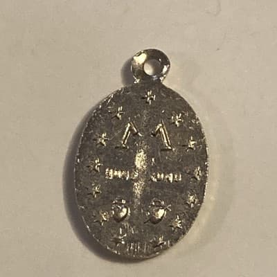 Vintage Aluminum Miraculous Mary Medal Pendant Blue Enamel Paint Hong Kong Tiny - Thumbnail 6