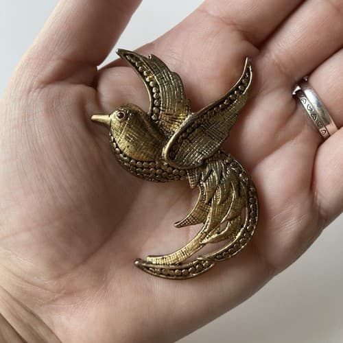 Vintage Bird Of Paradise Brooch Antiqued Rhinestone Eye Avian Estate Jewelry Vtg - Thumbnail 3