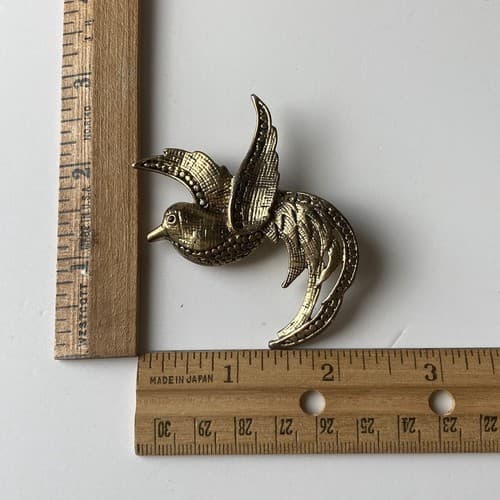 Vintage Bird Of Paradise Brooch Antiqued Rhinestone Eye Avian Estate Jewelry Vtg - Thumbnail 2