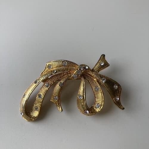 Vintage Estate Ribbon Brooch Rhinestones Lolita Kawaii Vtg Jewelry 80s Gold Tone