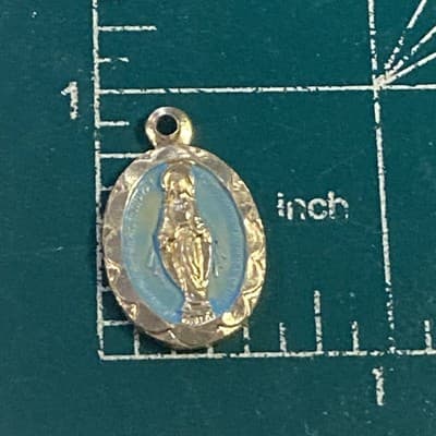 Vintage Aluminum Miraculous Mary Medal Pendant Blue Enamel Paint Hong Kong Tiny - Thumbnail 3