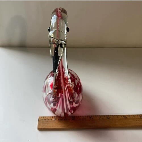 Art Glass Hand Blown Pink Clear Speckled Glass Flamingo Paperweight Figurine 6” - Thumbnail 4