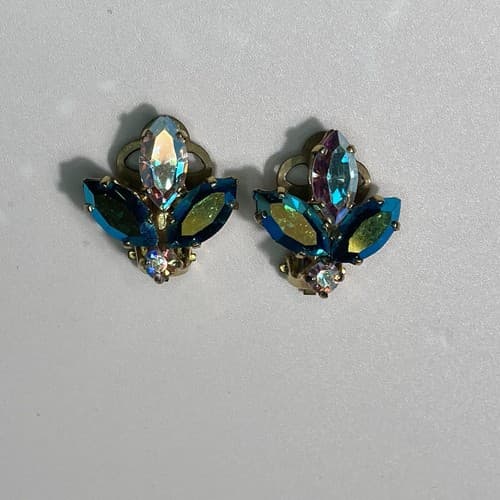Vintage AB Rhinestone Clip On Earrings Mid Century MCM - Thumbnail 5