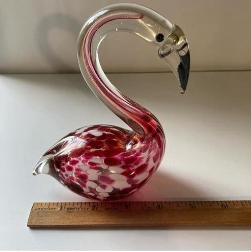 Art Glass Hand Blown Pink Clear Speckled Glass Flamingo Paperweight Figurine 6” - Thumbnail 3